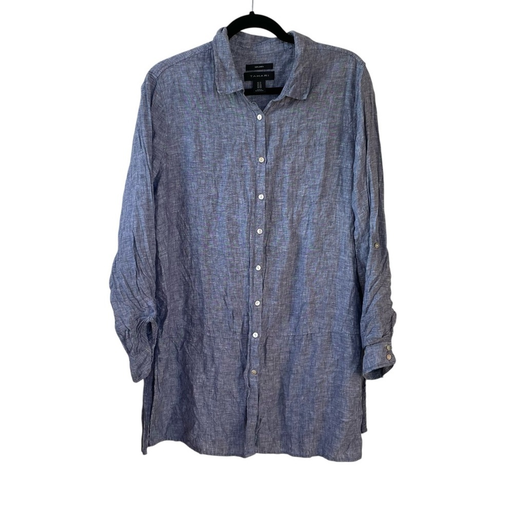 Tahari Blue Linen Button Front Tunic Mini Dress 1X